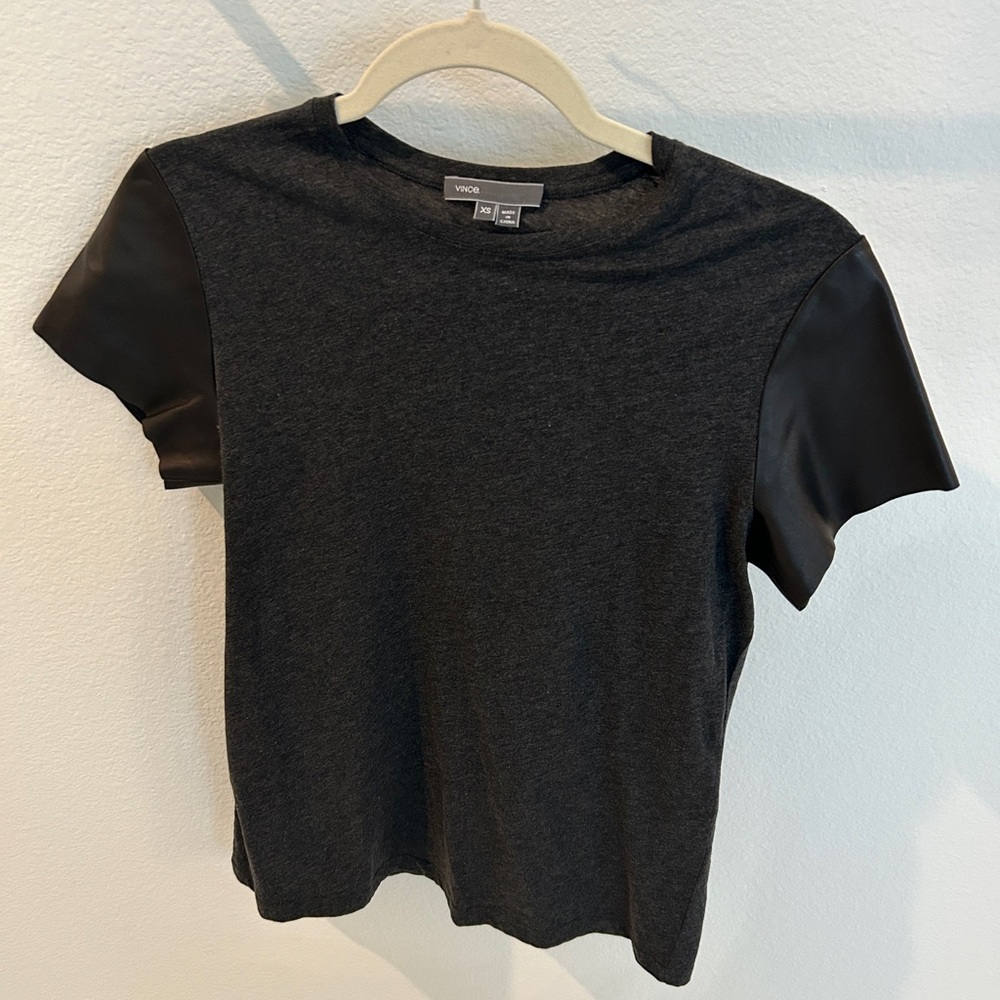 Vince Charcoal Gray T-Shirt with Leather Sleeves size XS